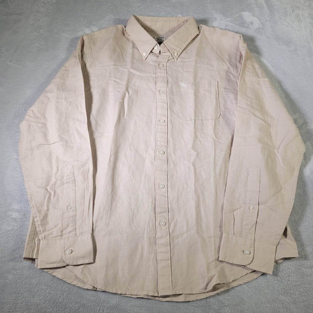 Abercrombie & Fitch Shirt Mens XXL‎ Tan Linen Blend Button Down Pocket Logo